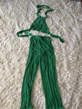SHEIN Green Pleated Halter Crop Top and Wide Leg Pants Set